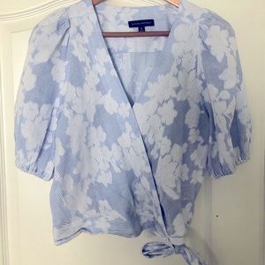 Puff Sleeves Floral Striped Faux Wrap Blouse